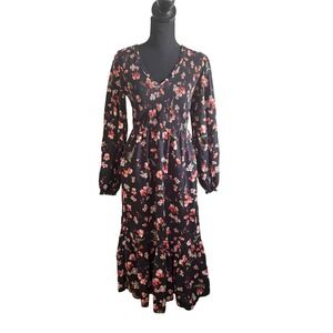 Old Navy Dark Floral Cottagecore Midi Tiered Dress Size M Black Fairy Grunge